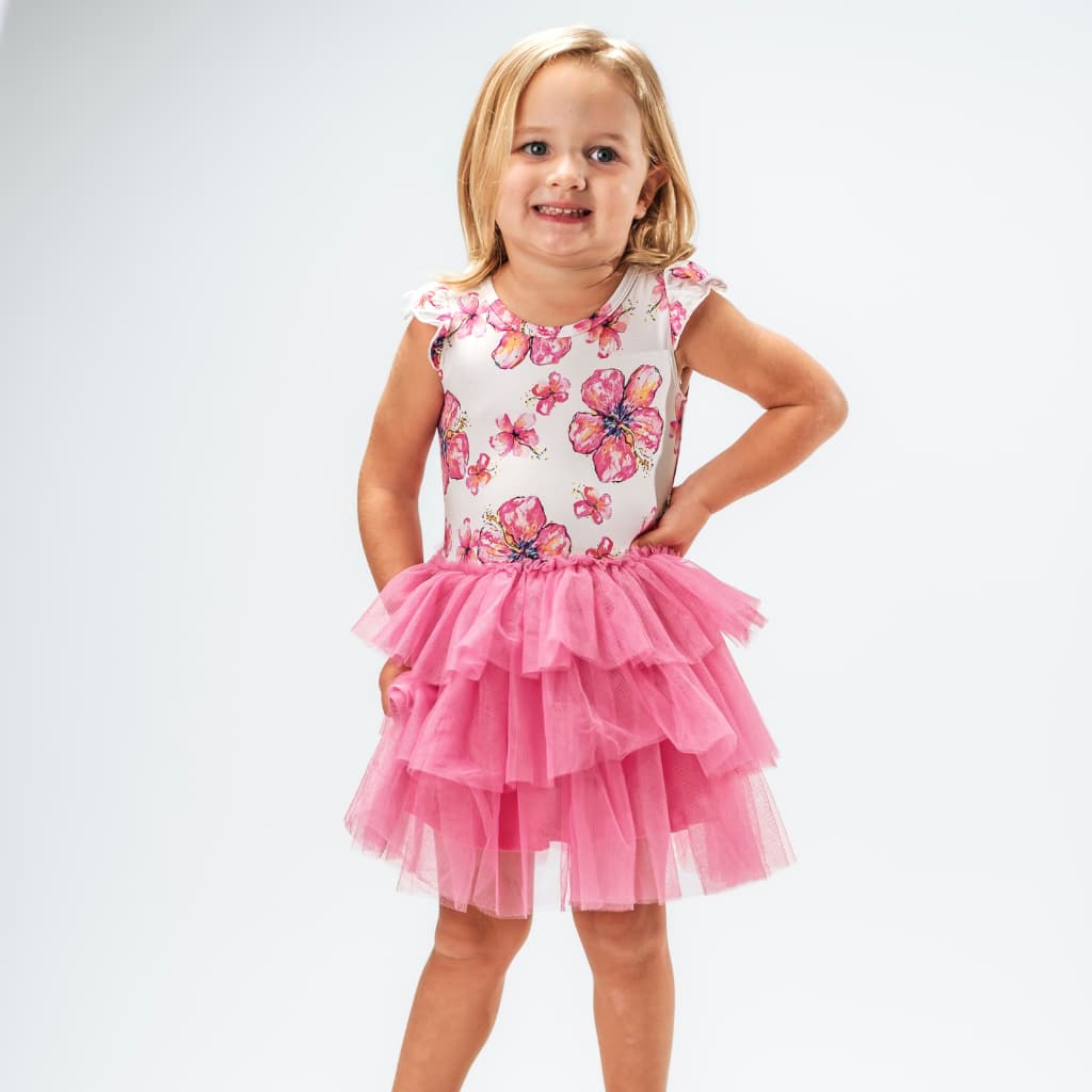 Hibiscus Kiss Flutter Sleeve Tutu Dress