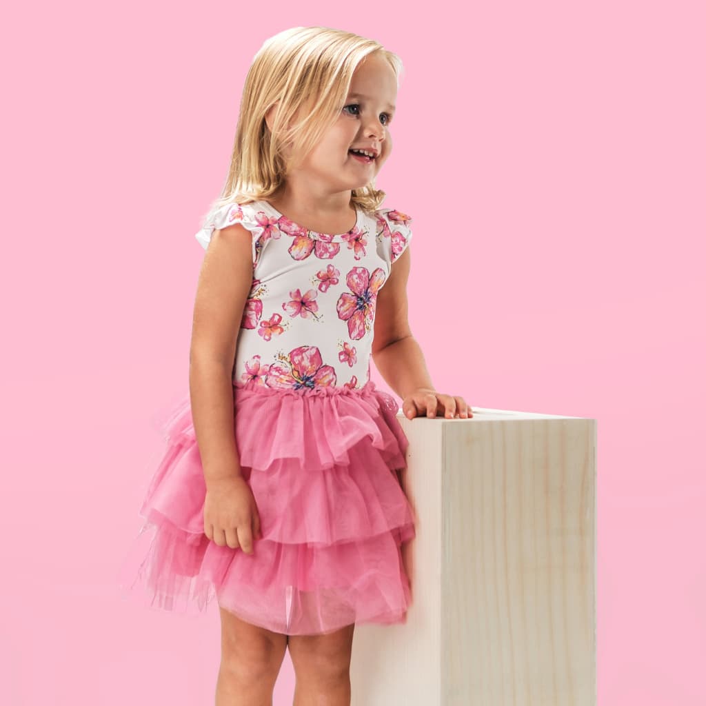 Hibiscus Kiss Flutter Sleeve Tutu Dress