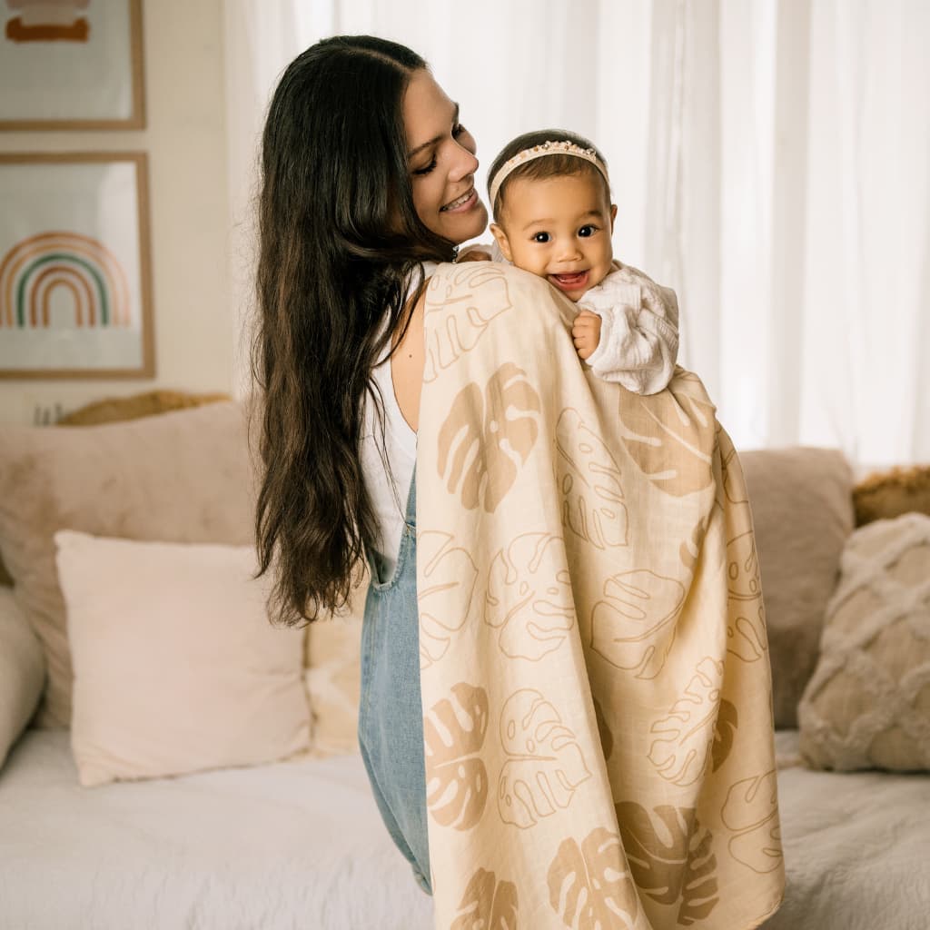 Toasted Monstera Muslin Swaddle Blanket