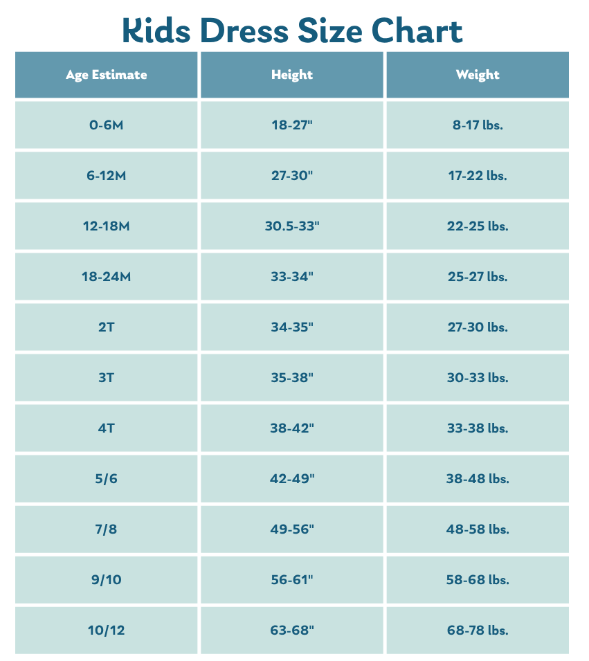 Size Chart for Tutu Dress